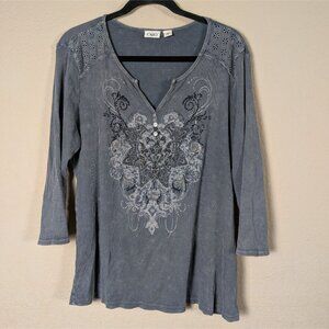 Y2K Cato Ribbed Henley Graphic Womens XL Grunge Rhinestone 3/4 sleeve Bella Swan